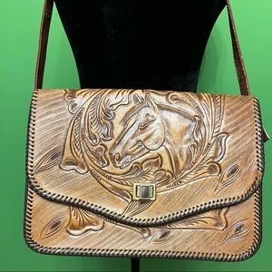 Vintage Genuine Brown Tooled Leather Horse Purse, Made In Mexico